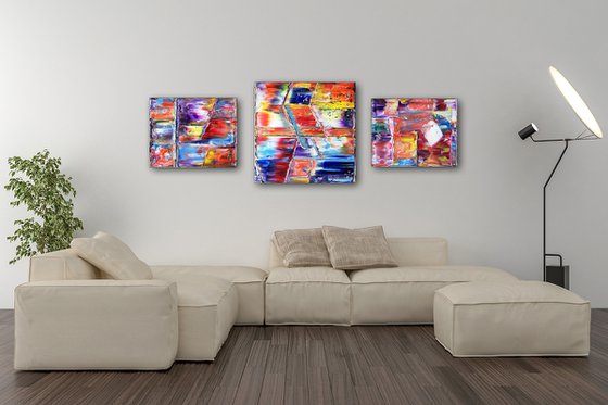 "Seeing All The Angles" - FREE USA SHIPPING - Original PMS Abstract Triptych Oil Paintings On Canvas - 64" x 24"