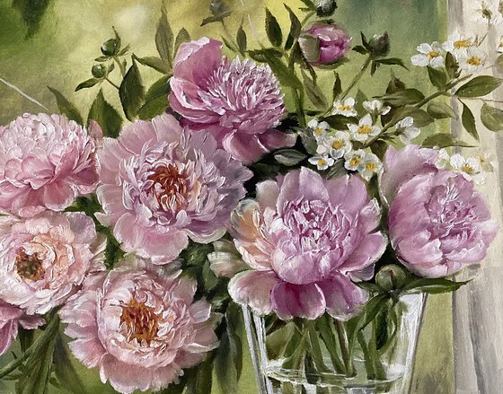 "PIONIES IN THE VASE'' oil painting on canvas.