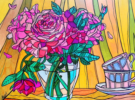 Pink roses in vase - colorful flowers in stained glass cubism style