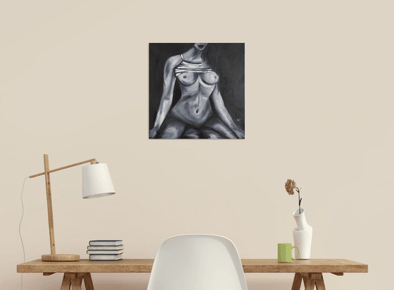 Desire, black and white erotic nude girl oil painting, gift art, bedroom painting