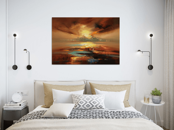 The Promise of a New Day - 70 x 100 cm abstract landscape oil painting in brown and yellow