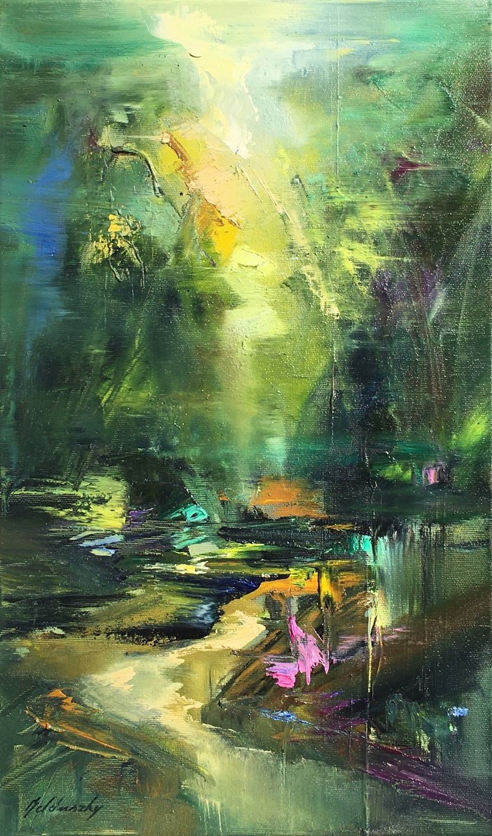 Impressionistic Botanical Oil Painting By Beata Belanszky Demko, 12 X 20, Enchanted Forest Ii., Original Artwork