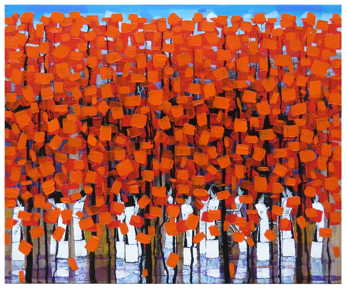 Impressionistic Landscape Acrylic Painting By Xuan Khanh Nguyen, 28 X 24", Row Of Red Trees #11, Original Artwork