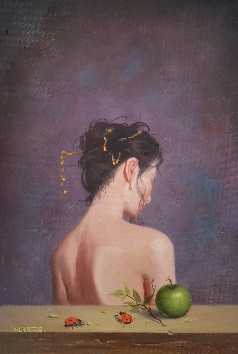Photorealistic Portrait Oil Painting By Hongtao Huang, 8 X 12, Green Apple, Original Artwork