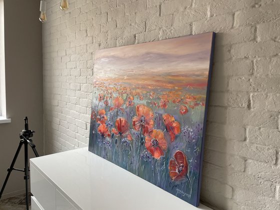 "Red poppies on the field". Oil painting.