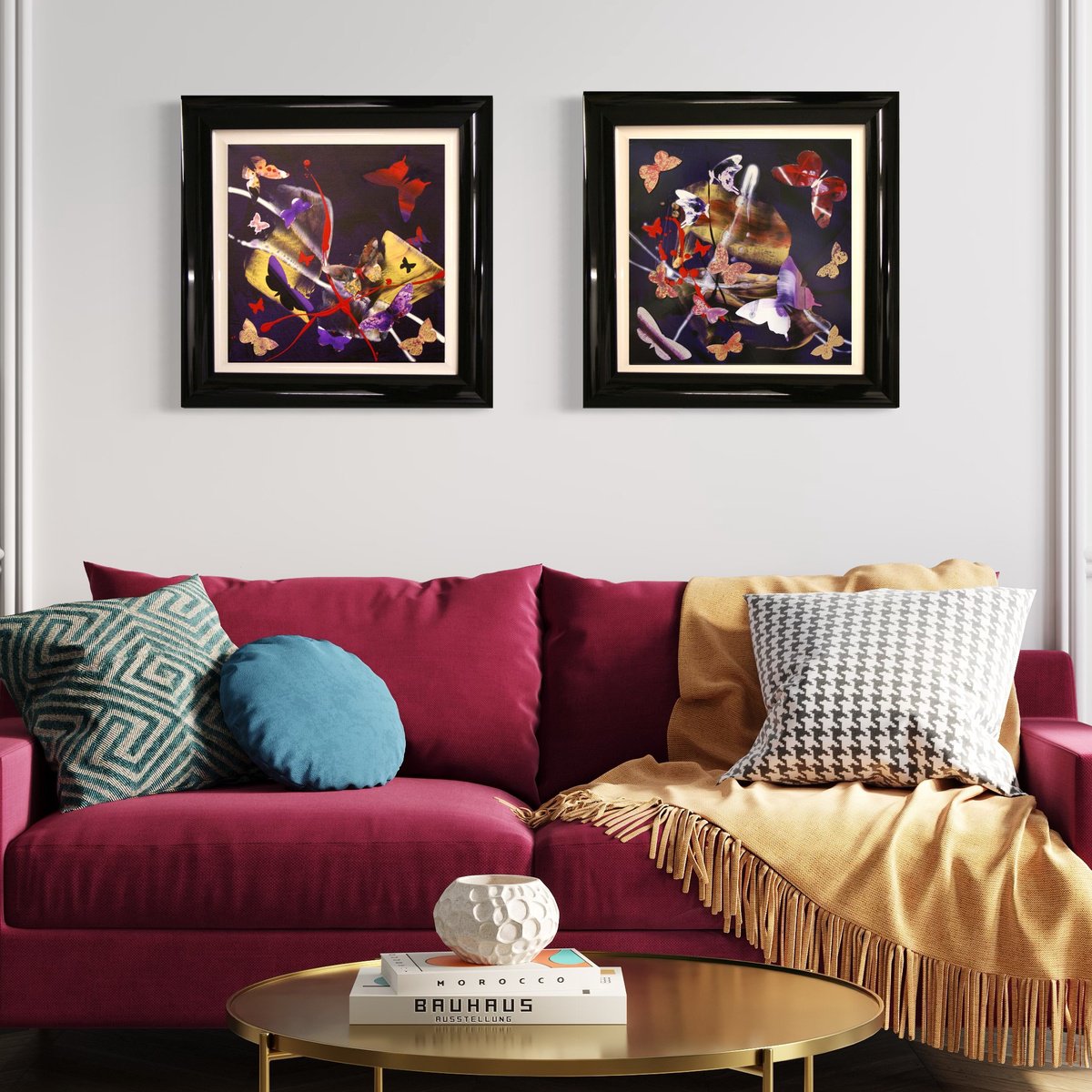 Butterfly symphony I and II (framed) diptych by Paresh Nrshinga FRSA