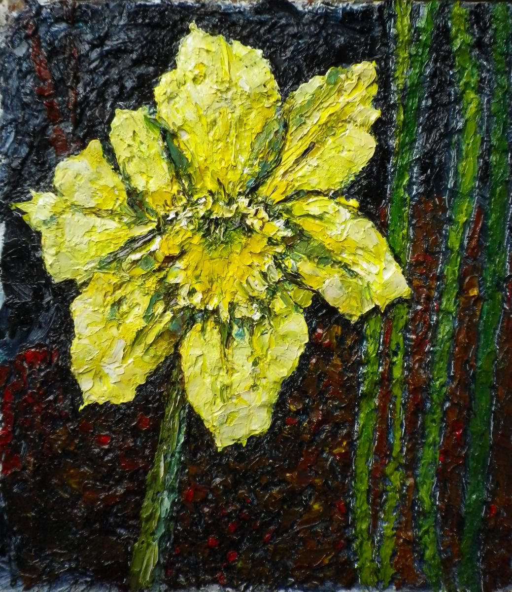 Expressive Botanical Oil Painting By Richard Meyer, 16 X 17", Single Daffodil Bloom, Original Artwork