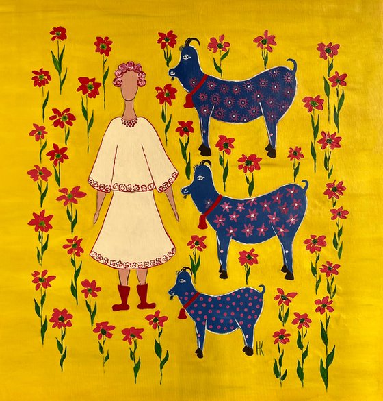 Woman Goats Original Painting