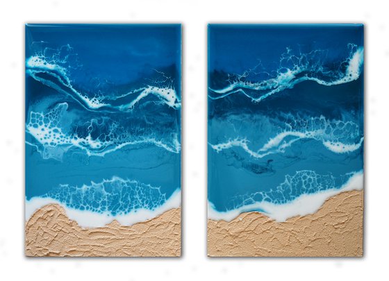 Diptych "On the beach" - set of 2 original seascape 3d artwork