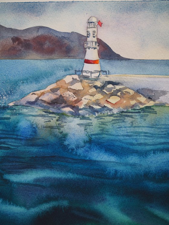 View of the lighthouse and greek island, plein air in Kas, Turkey - original watercolor