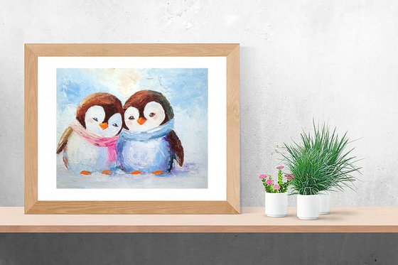 Penguin Couple Oil Painting Bird Wall Art Small Artwork