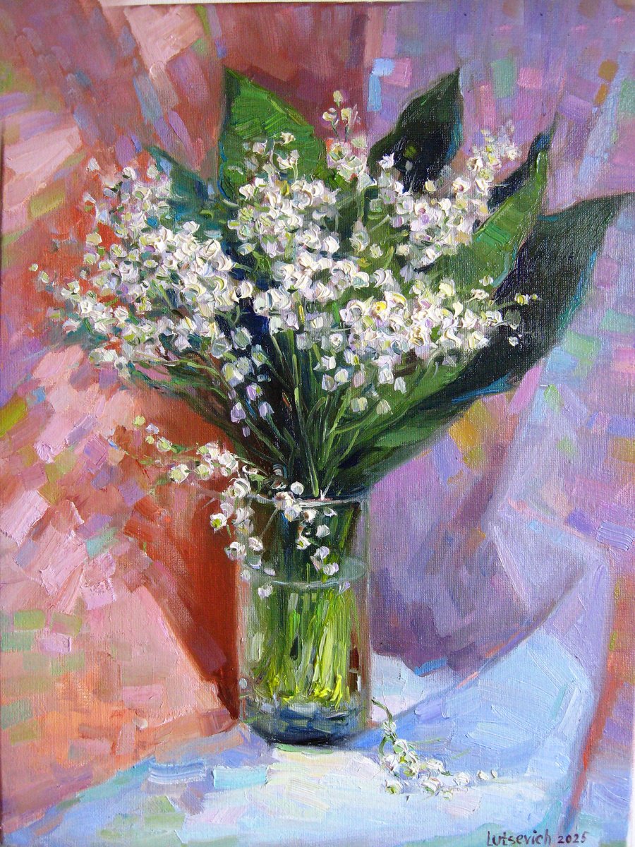 Impressionistic Botanical Oil Painting By Vladimir Lutsevich, 12 X 16", Lilies Of The Valley, Original Artwork