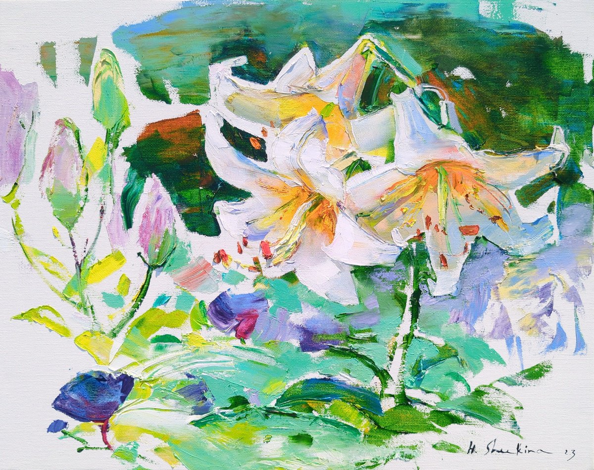 White lilies . Morning sun . Floral sketch by Helen Shukina