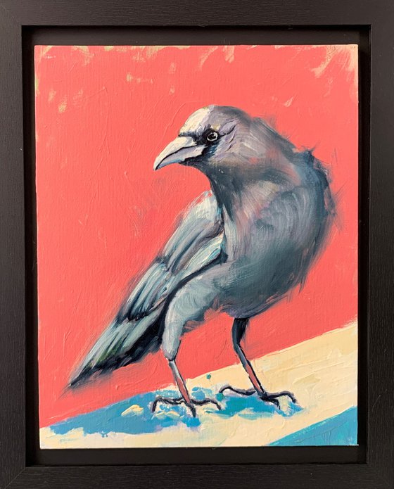 Crow black bird on pink. Original Oil Painting.