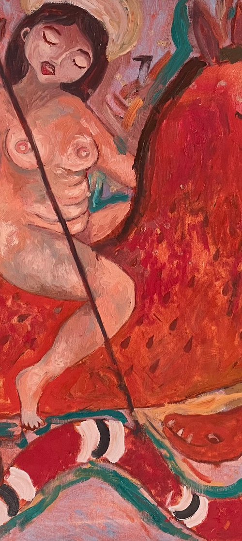 Nude Woman Naive Modern Art, canvas, oil - WARRIOR - 28x32in (80*75) cm by Dasha Pogodina