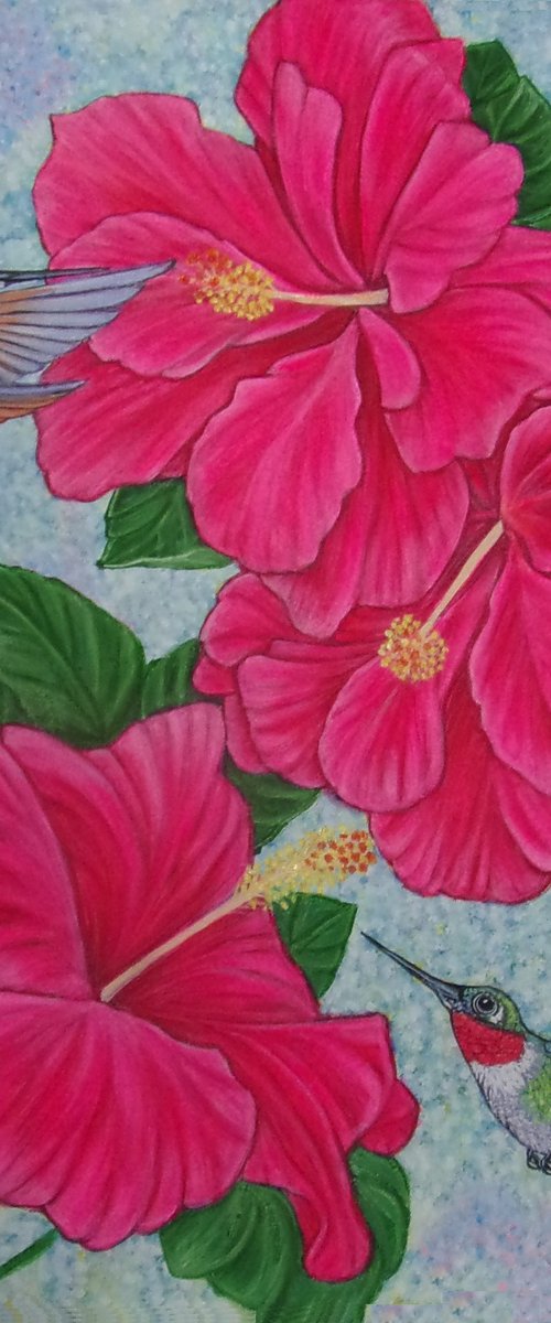 Hummingbirds and Hibiscus flowers by Sofya Mikeworth