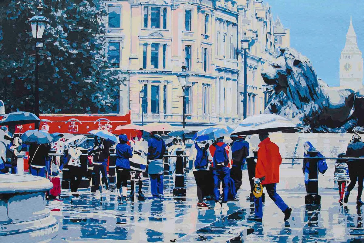 Impressionistic Cityscapes Acrylic Painting By Km Arts, 36 X 24", Trafalgar In The Rain, Original Artwork