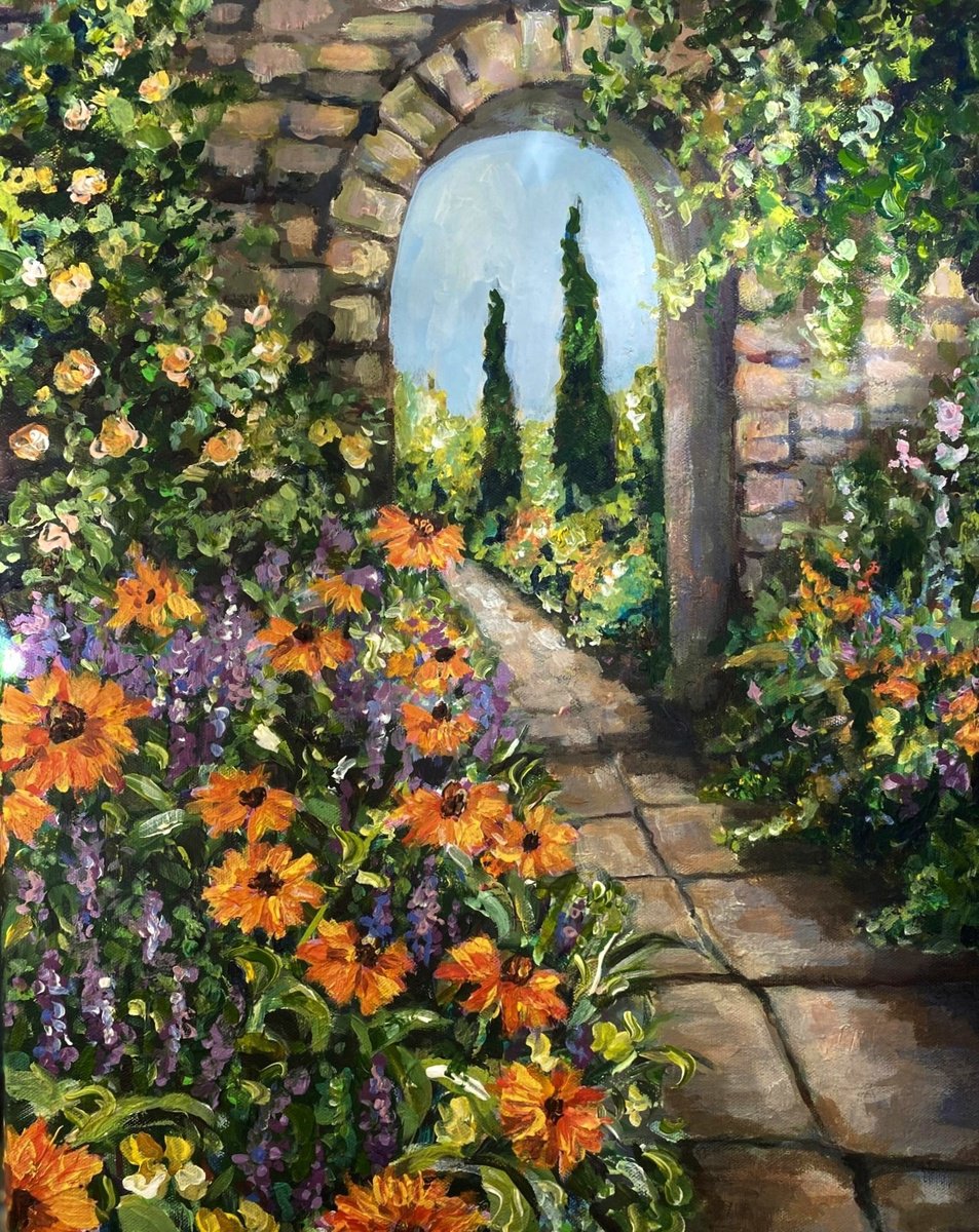 Impressionistic Botanical Acrylic Painting By Colette Baumback, 16 X 20, The Walled Garden No 3, Original Artwork