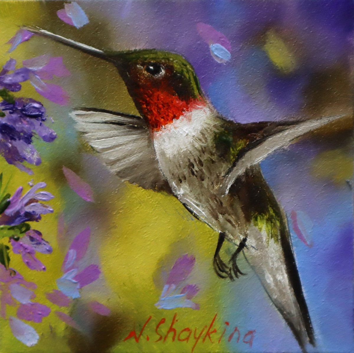 Photorealistic Animal Oil Painting By Natalia Shaykina, 6 X 6", Hummingbird And Lavender, Original Artwork