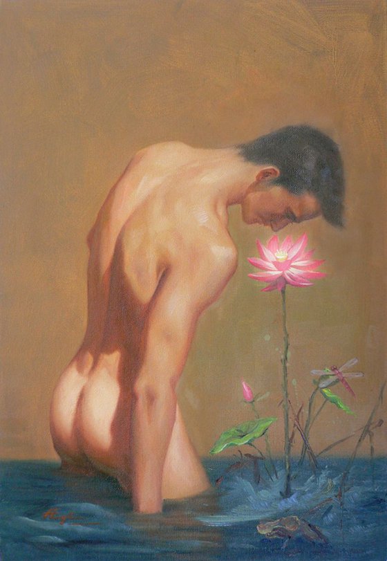 Original Oil paintingl art male nude men and  lotus on linen  #16-5-1-05