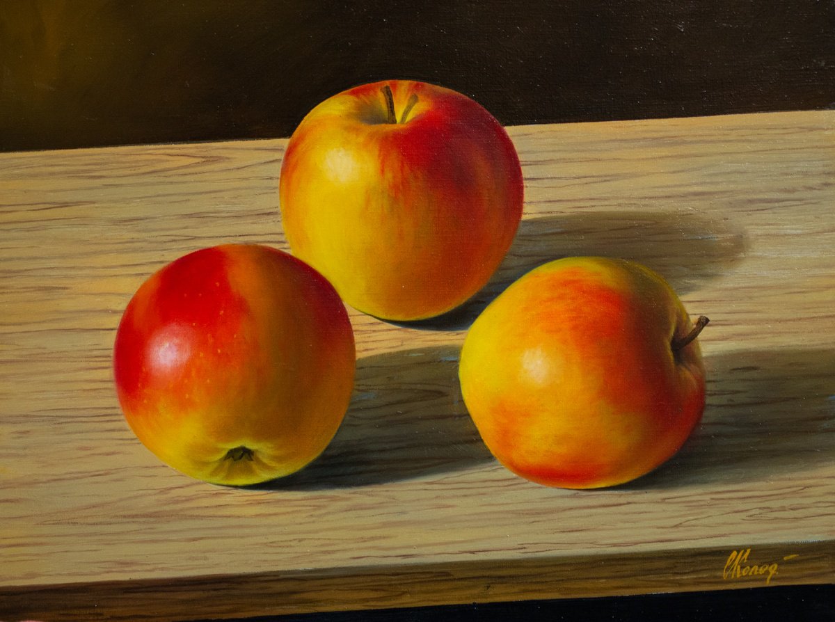 Photorealistic Still Life Oil Painting By Kolodyazhniy Sergey, 16 X 12", Three Apples. Still Life/12, Original Artwork
