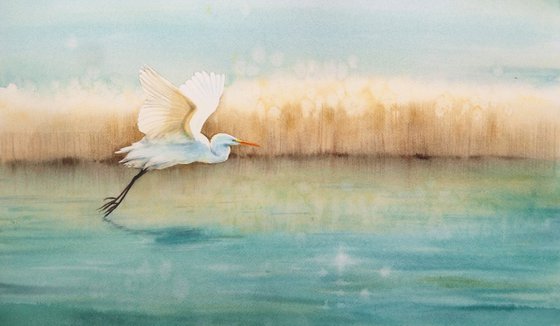 Serenity -  lake -  flying egret - white egret - original watercolor landscape