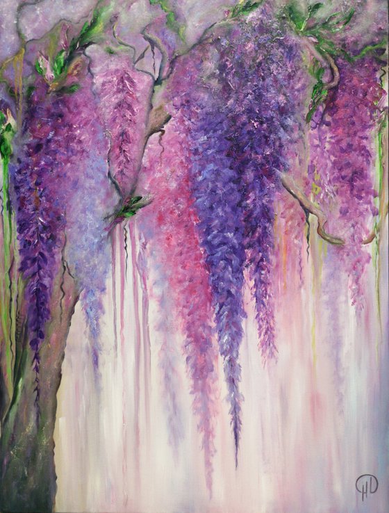 Spilled tenderness, oil painting, original gift, home decor, Flowerin, Livging Room, Wisteria, wisteria blooming, flowering tree, lilac flowers, wisteria picture, trees in bloom, gift for girl