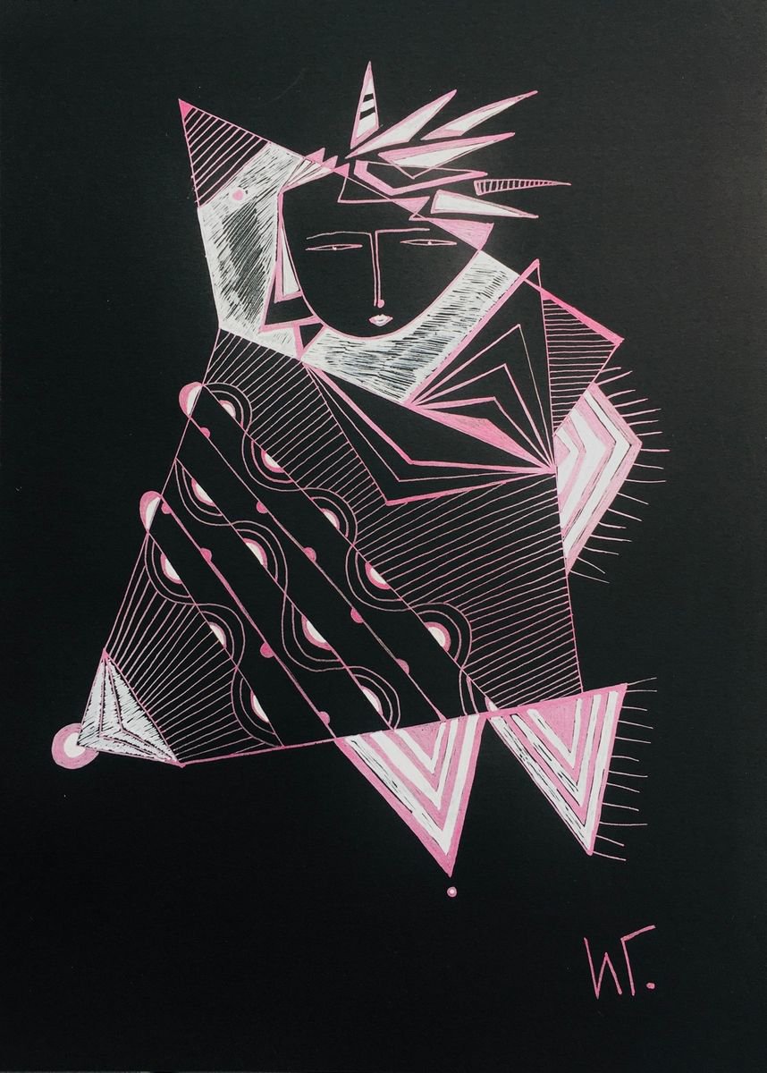 Naive Portrait Drawing By Irina Goleva, 8 X 11, Bliss In Black & Pink, Original Artwork