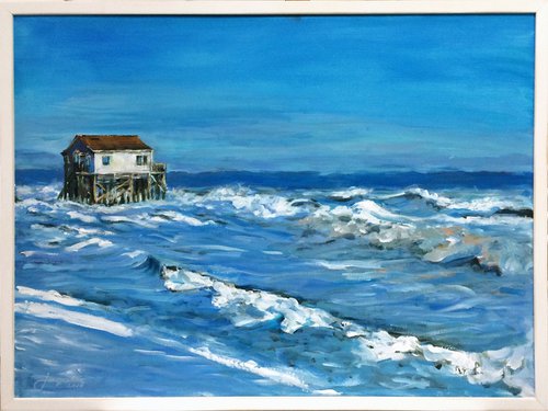 Polehouse in rough surf by Jacqualine Zonneveld