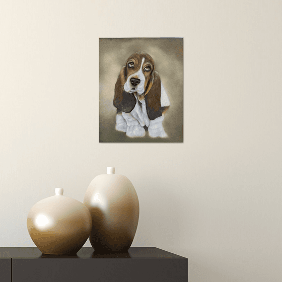 Pastel portrait of Bassett hound