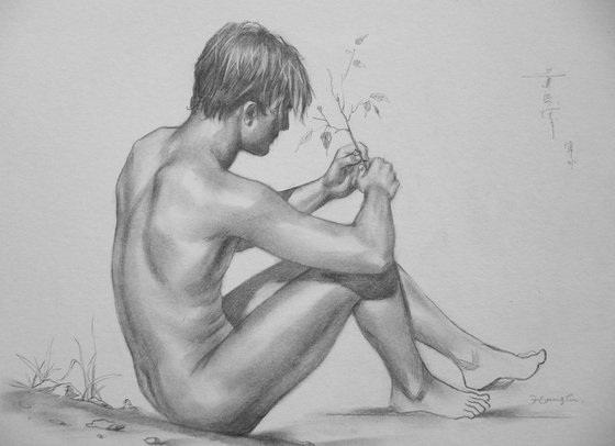 original art charcoal drawing  male  nude outdoor on paper #16-10-9