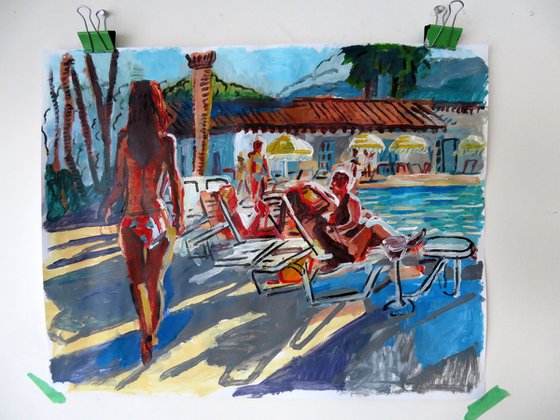 Swimming Pool scene with figure walking