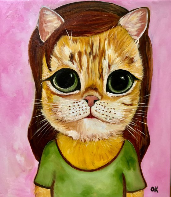 Cute big eyes ginger cat inspired by Yoshitomo Nara portraits.