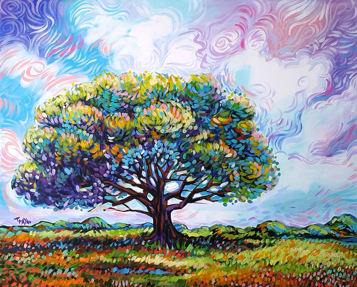 Abstract Landscape Acrylic Painting By Trayko Popov, 39 X 31", Summer Tree, Original Artwork