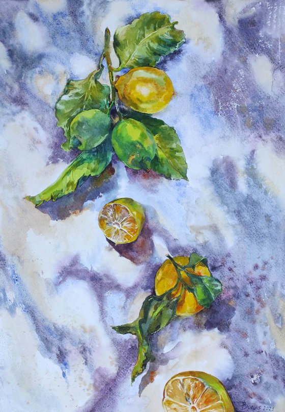 Hot in a citrus garden - citrus season - lemons - original artwork, watercolor