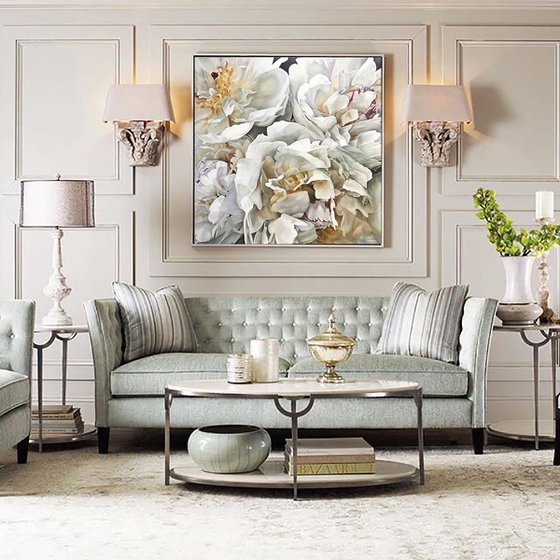 Large square oil painting with white peonies 90 * 90 cm