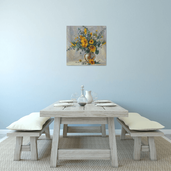 Sunflowers in an antique vase