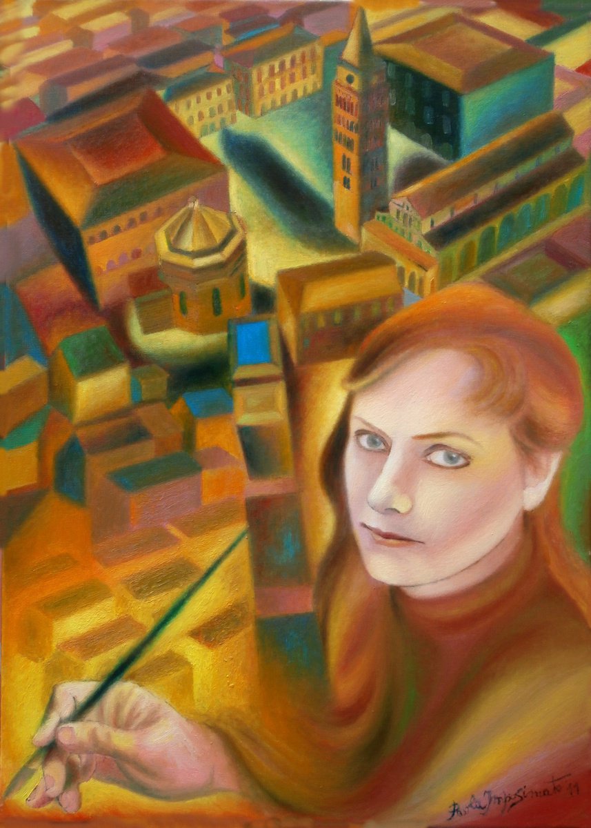 Expressive Portrait Oil Painting By Paola Imposimato, 20 X 28", Glance On The City, Original Artwork