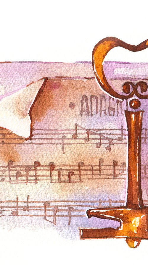 Still life "Music. Old notes and key" original watercolor painting postcard by Ksenia Selianko