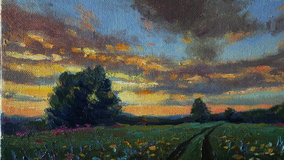 Sunset Over Wildflowers Field - summer landscape painting