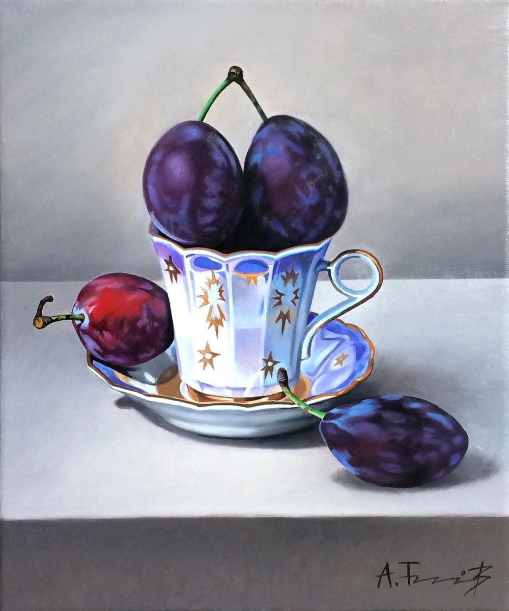 Photorealistic Still Life Oil Painting By Alexander Titorenkov, 10 X 12, Plums In A Coffee Cup, Original Artwork
