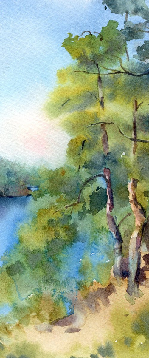 Small watercolor Forest Lake, Russian nature, Karelia by Yulia Evsyukova