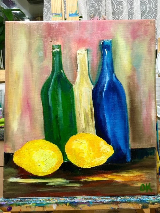 Bottles and lemons. Still life. Palette knife painting on linen canvas