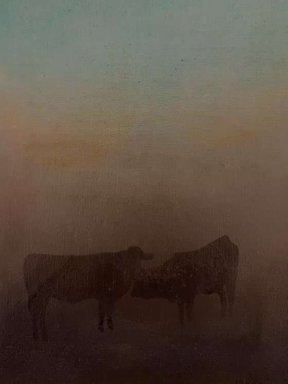 Two cows 35X34 cm  - gold particles original oil painting landscape gift modern urban art office art decor home decor gift idea