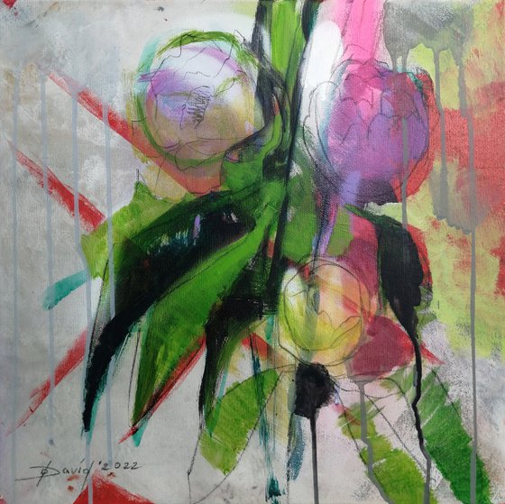 Purple peonies modern mixed media painting