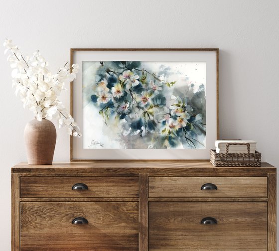 Almond Florals Watercolor Painting, Blossoms Painting, Flowers Watercolour Art