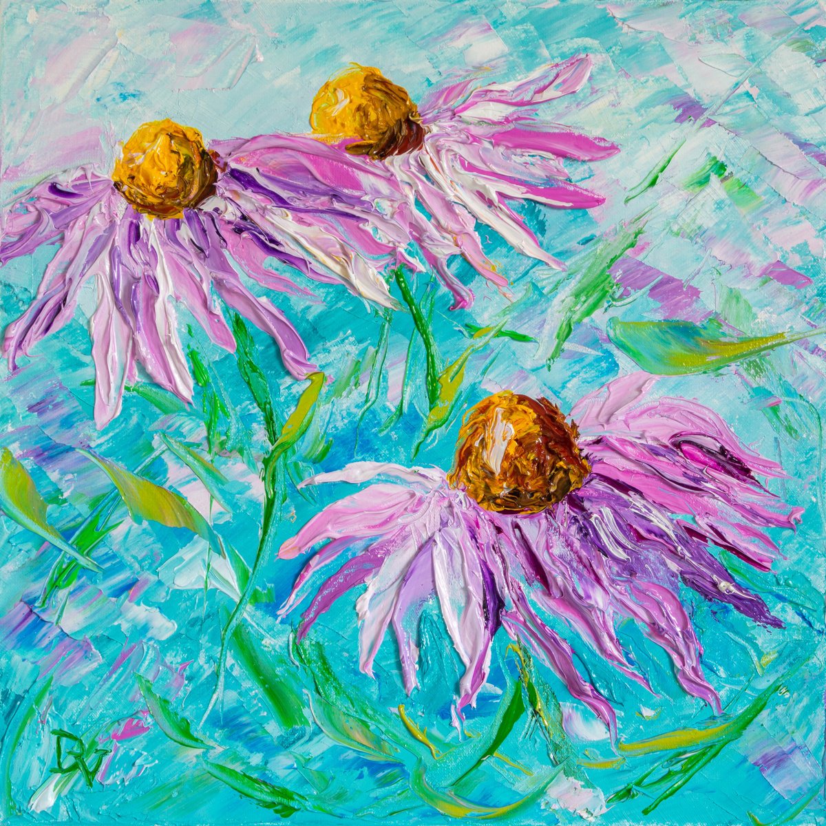 Impressionistic Botanical Oil Painting By Vladyslav Durniev, 12 X 12", Purple Daisies, Original Artwork