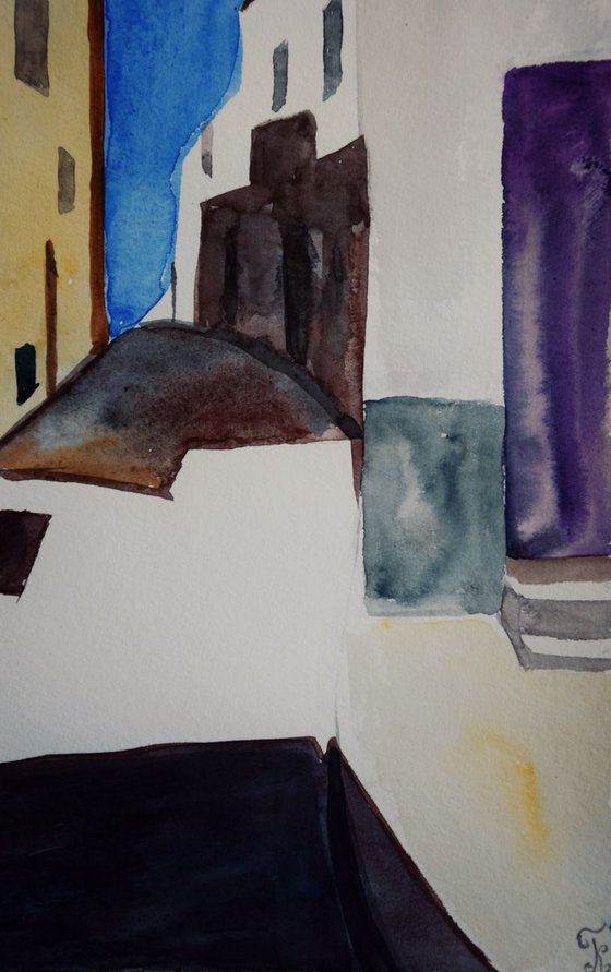 Original watercolor painting Summer sea town in Italy, Marettimo Island