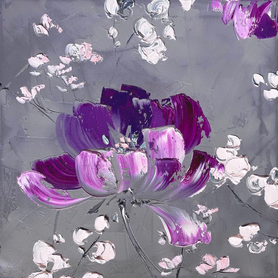 VERY PERI GREENHOUSE  - Small square purple painting. Violet floral art.