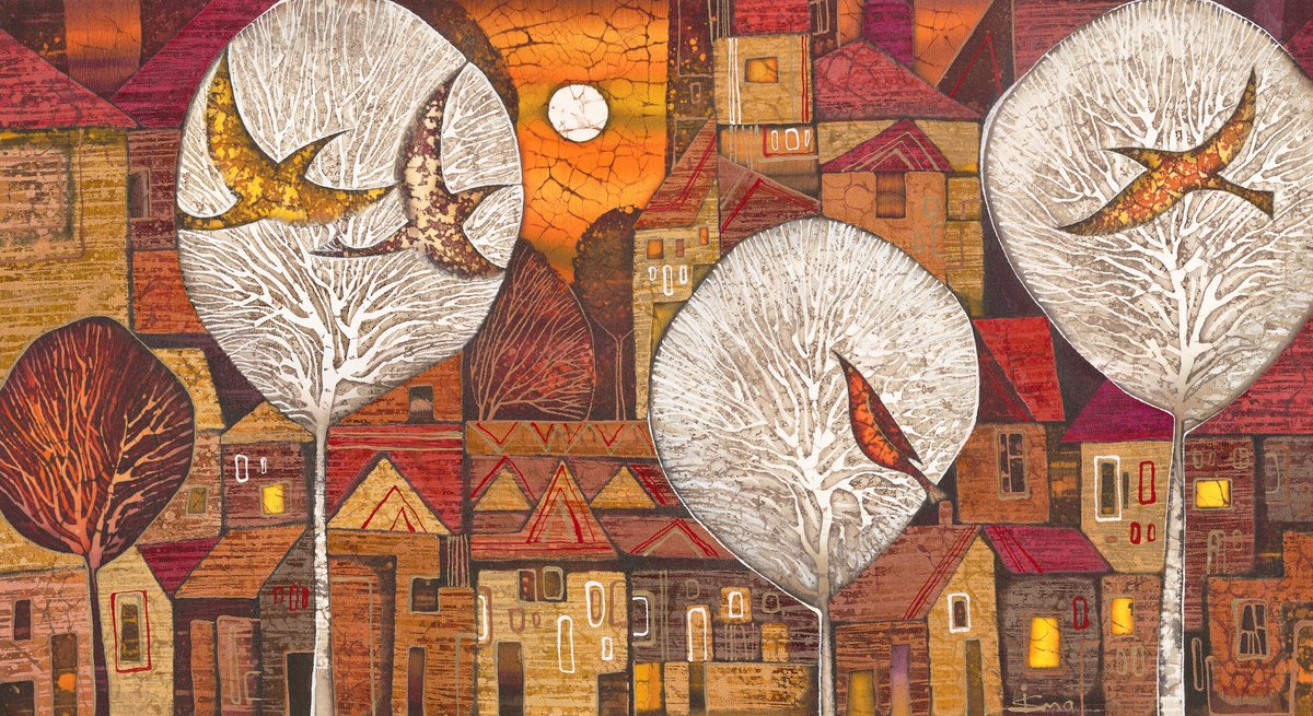 Organic Cityscapes Acrylic Painting By Julia Ismambetova, 30 X 19", Song Birds, Original Artwork
